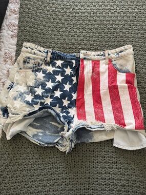BiBi Women's Denim Shorts with Flag Print - Blue & Red